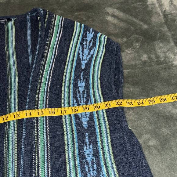 Chaps Poncho Sweater Women's Medium Blue Striped Cotton Knit Fringe Boho Hippie - Picture 4 of 7